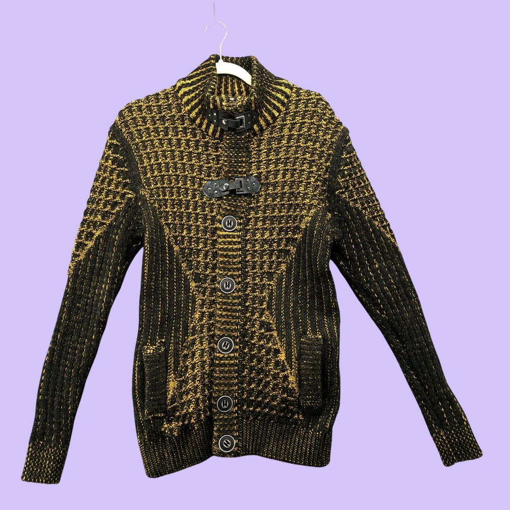 Vintage Y2K Cyber Grunge Gold Black Buckle Chunky Cardigan Sweater Mens M/L